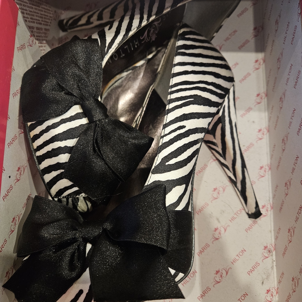 Paris Hilton Zebra Striped Heels with Black Bow